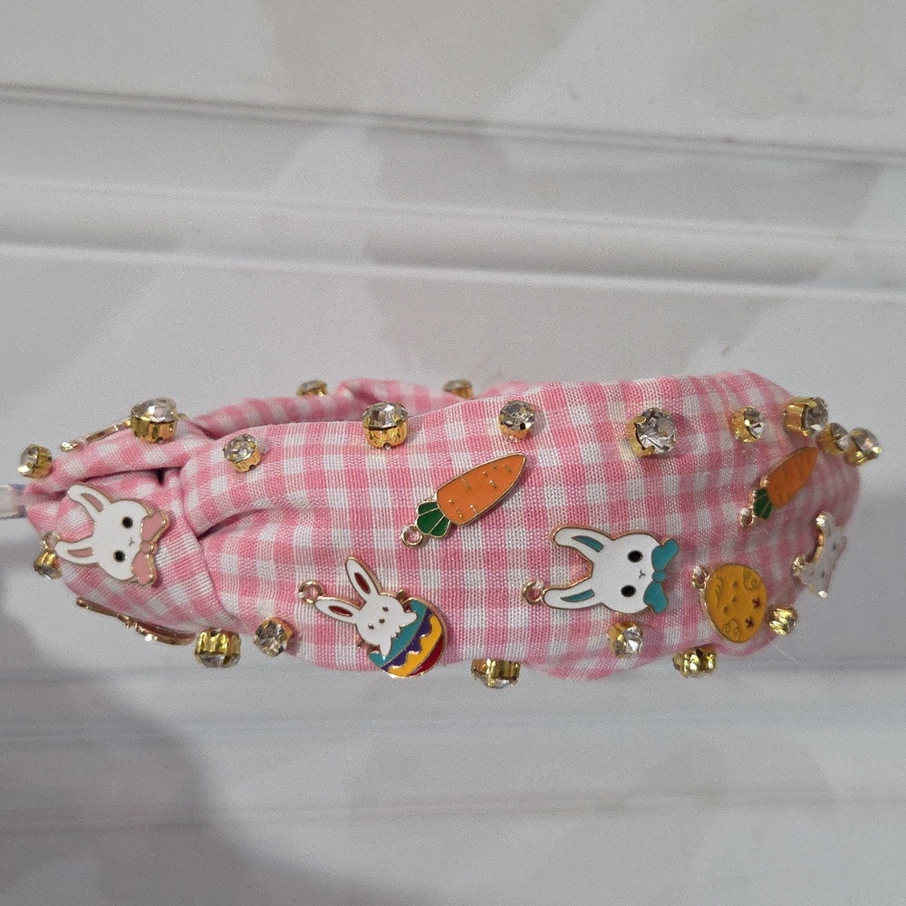 🐇🔹️Piper K 🔹️Pink Gingham  Bunny Carrots  Accent Easter Egg Headband - Picture 5 of 7